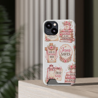 Christian Floral Phone Case with Card Holder — 'Jesus Saves' Inspirational Design