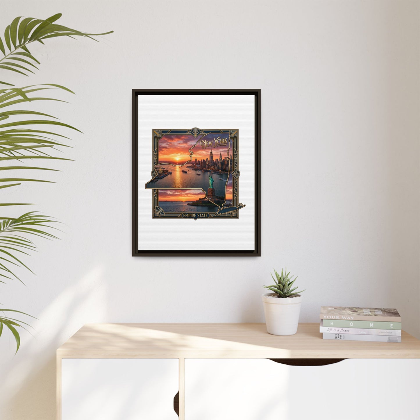 Framed Matte Canvas Wall Art — New York City Sunset Skyline with Statue of Liberty