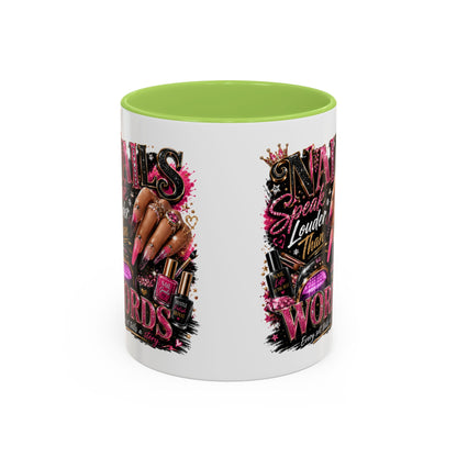 Accent Coffee Mug - "Nails Speak Louder Than Words" Pink Nail Tech Coffee Mug