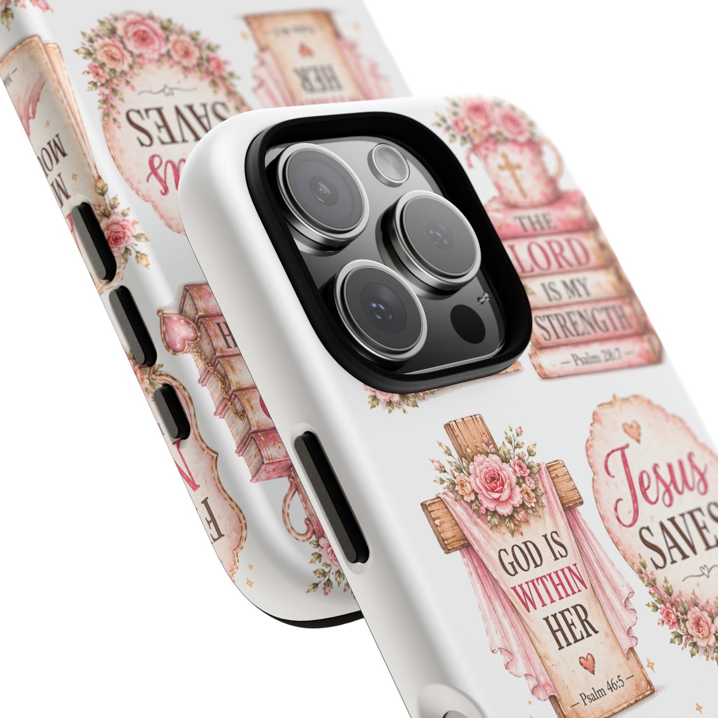 Christian Phone Case — Jesus Saves Floral Tough Case with 'God Is Within Her' & 'Trust God' Design