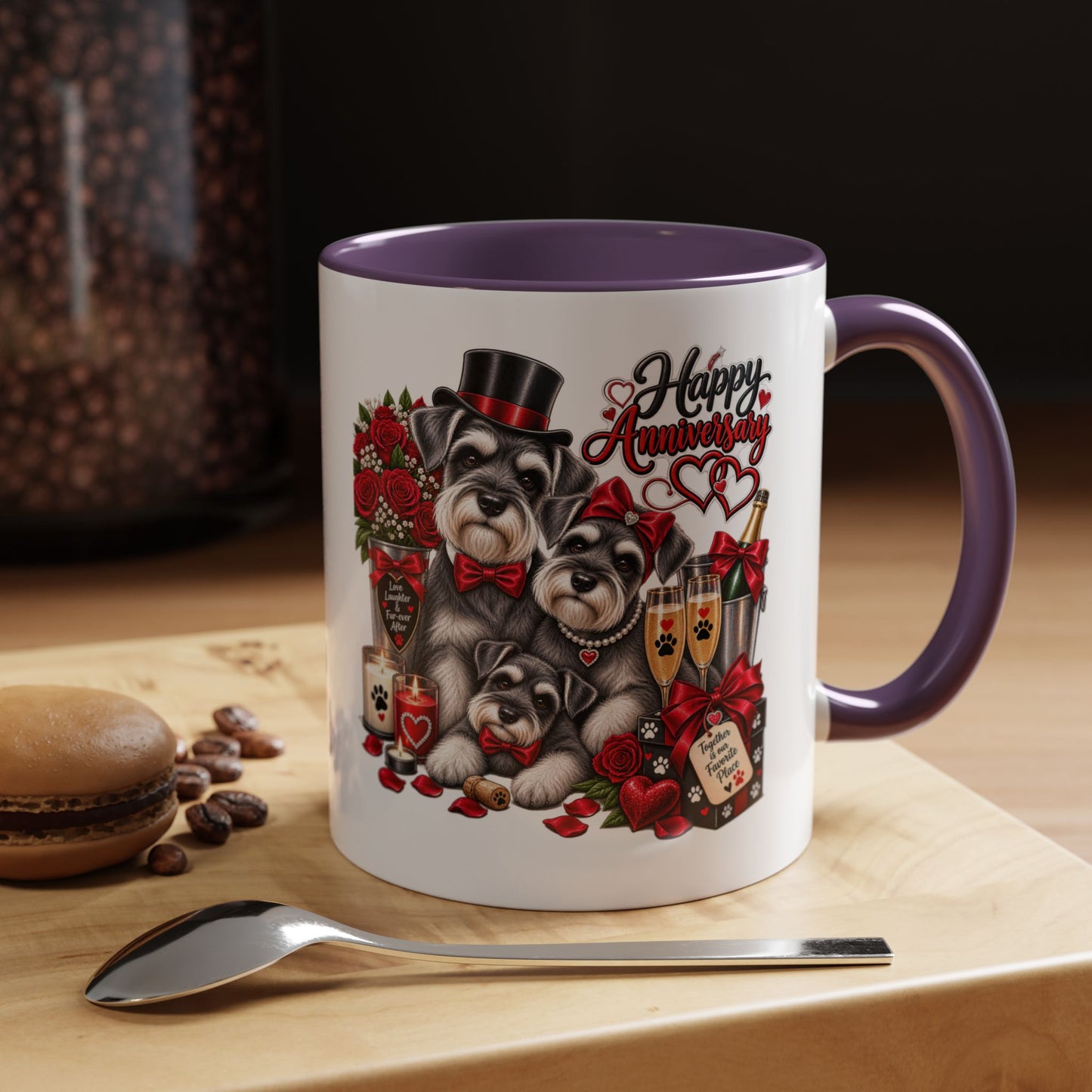 Happy Anniversary Dog Coffee Mug — Cute Pups, Champagne & Roses Accent Mug