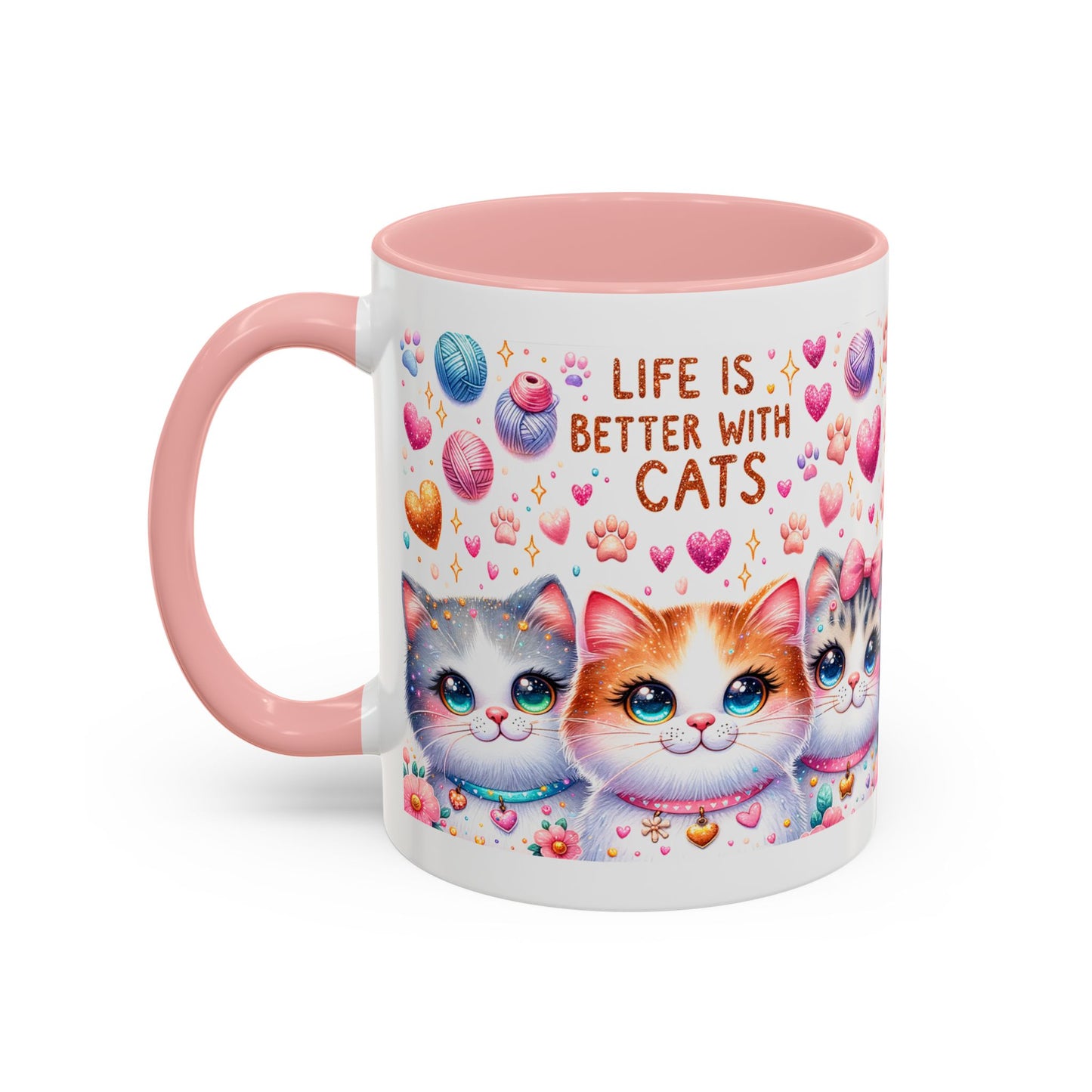 Cat Lover Accent Coffee Mug — "Life Is Better With Cats" Cute Kittens Design (11/15oz)