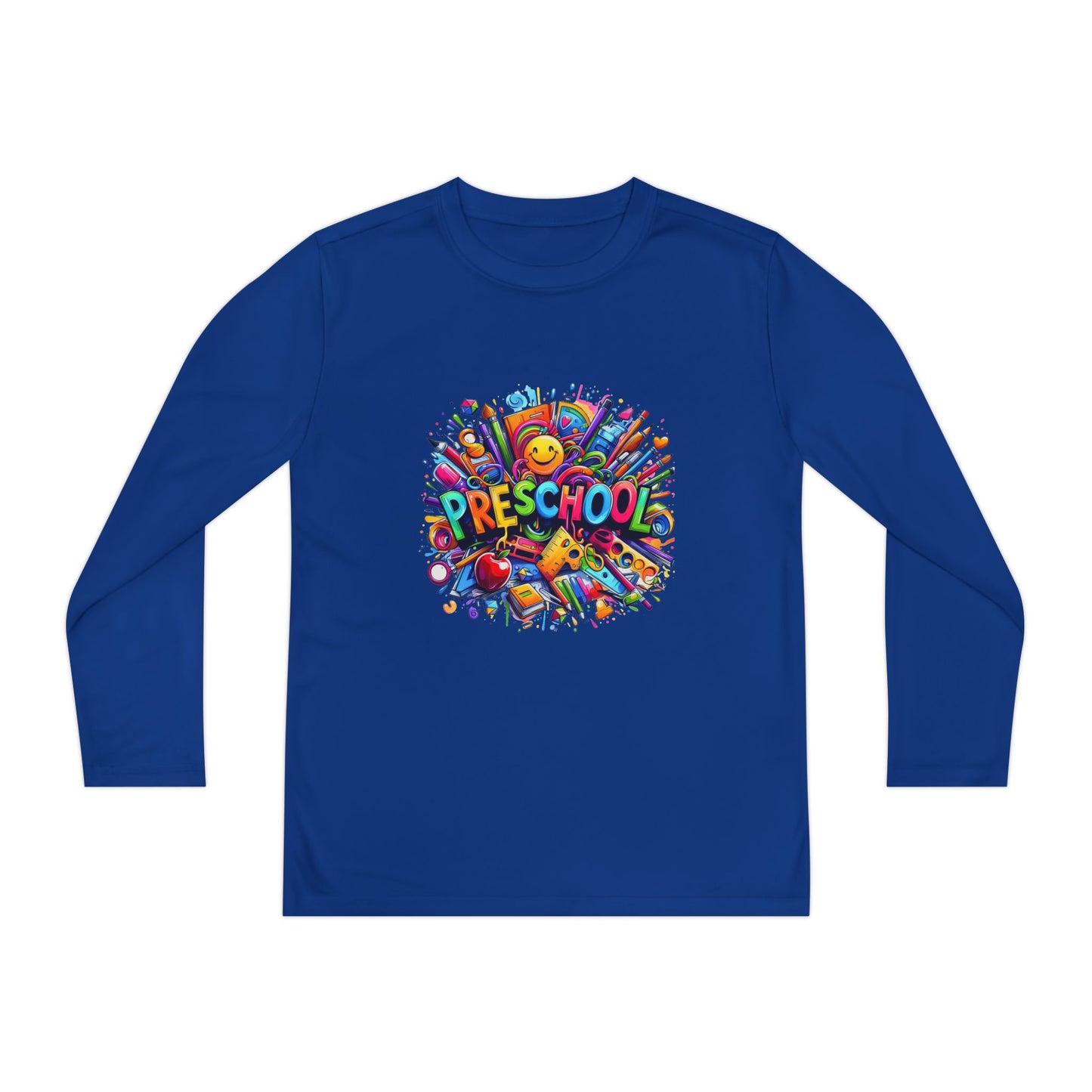 Youth Preschool Long Sleeve Tee - Colorful School Supplies Design