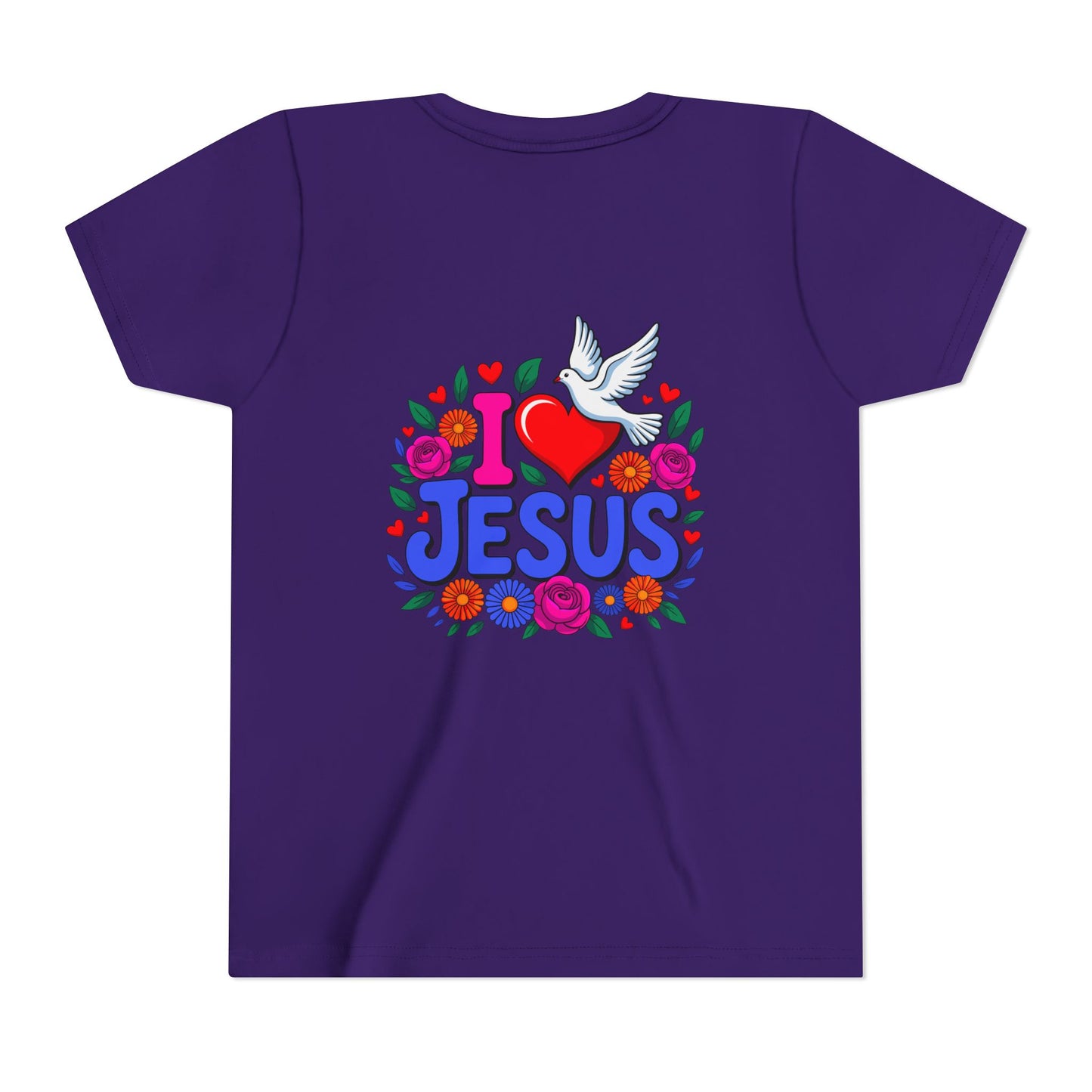 Youth Tee — "I  Jesus" Colorful Dove & Floral Christian Shirt
