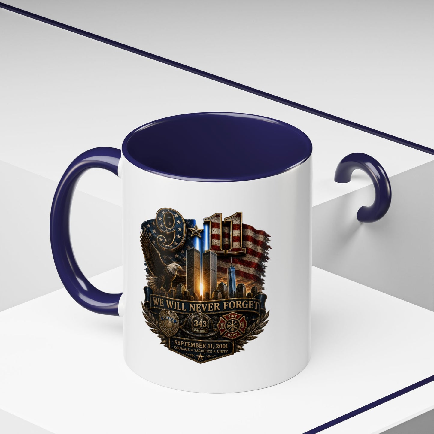 We Will Never Forget 9/11 Memorial Coffee Mug — Patriotic Tribute Accent Mug