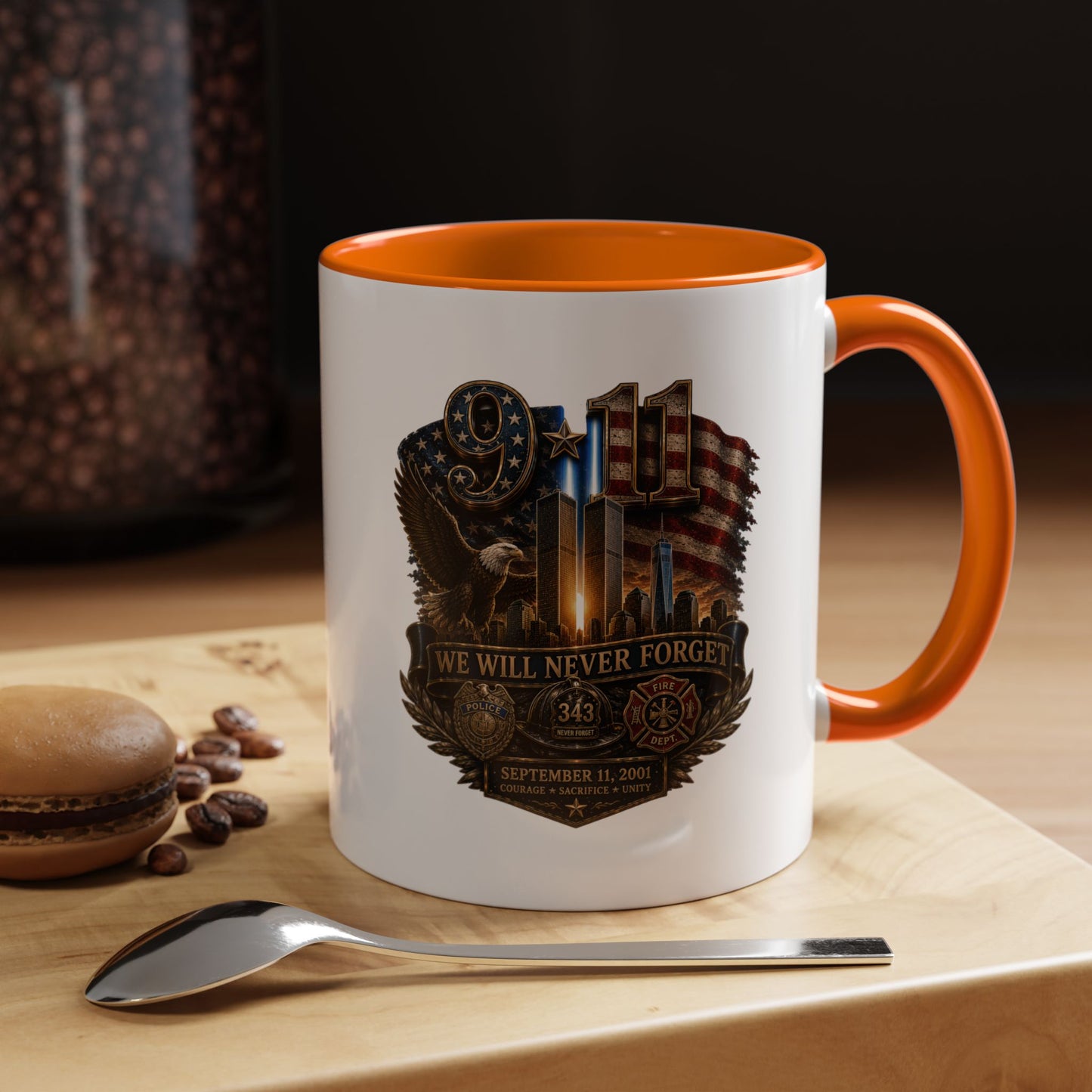 We Will Never Forget 9/11 Memorial Coffee Mug — Patriotic Tribute Accent Mug