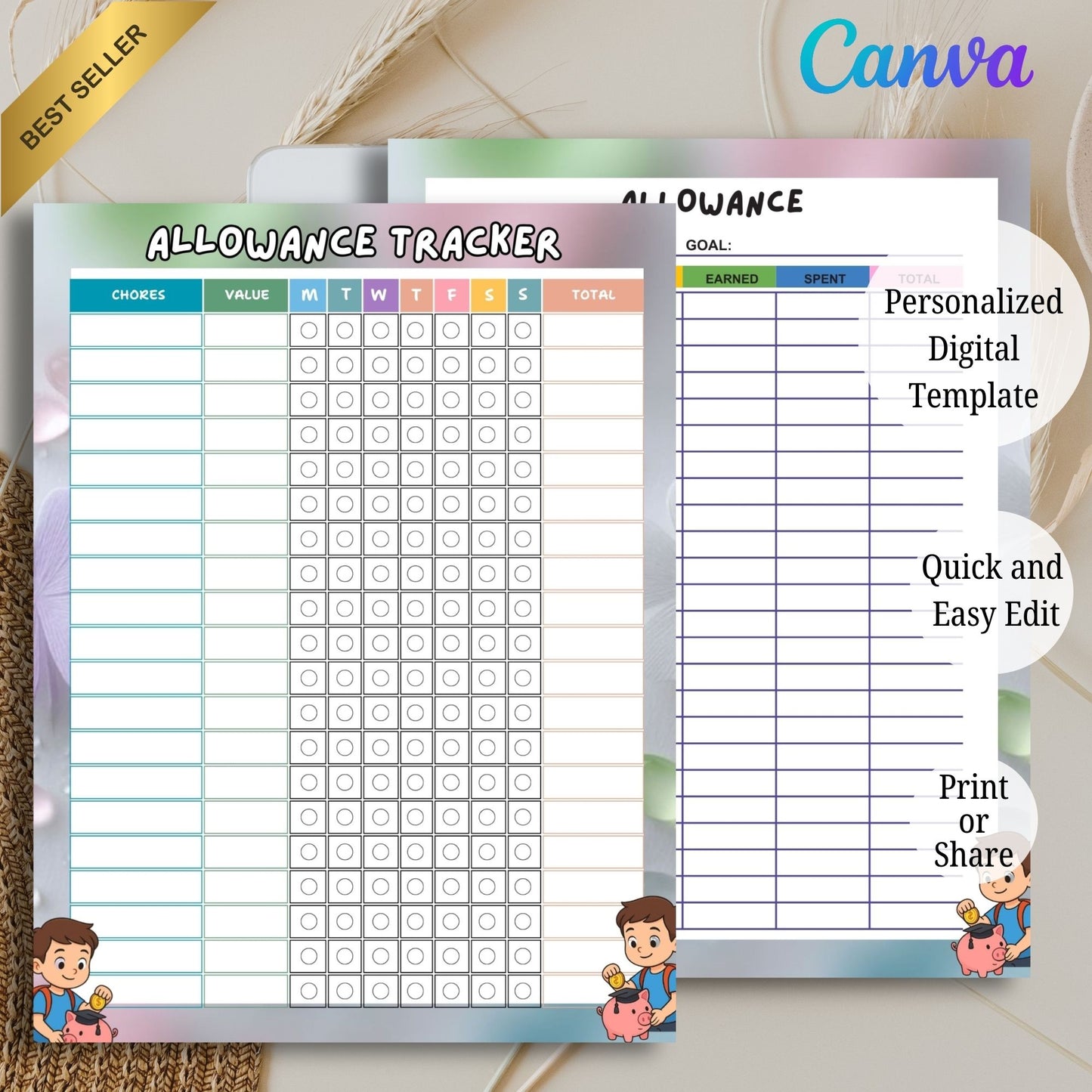Kids Allowance Chart Printable | Money Management & Savings Tracker for Children