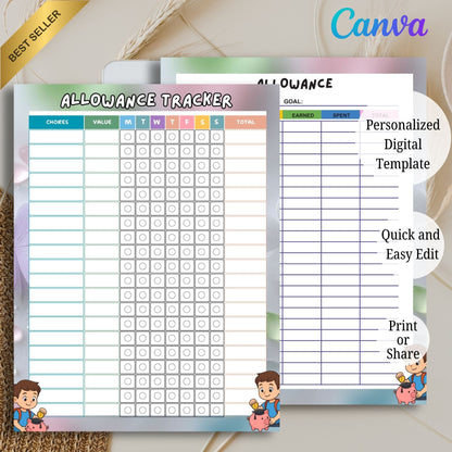 Kids Allowance Chart Printable | Money Management & Savings Tracker for Children