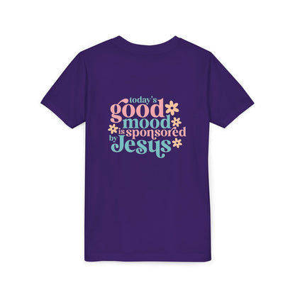 Youth Tee – "Today's Good Mood is Sponsored by Jesus" Retro Floral Christian Shirt
