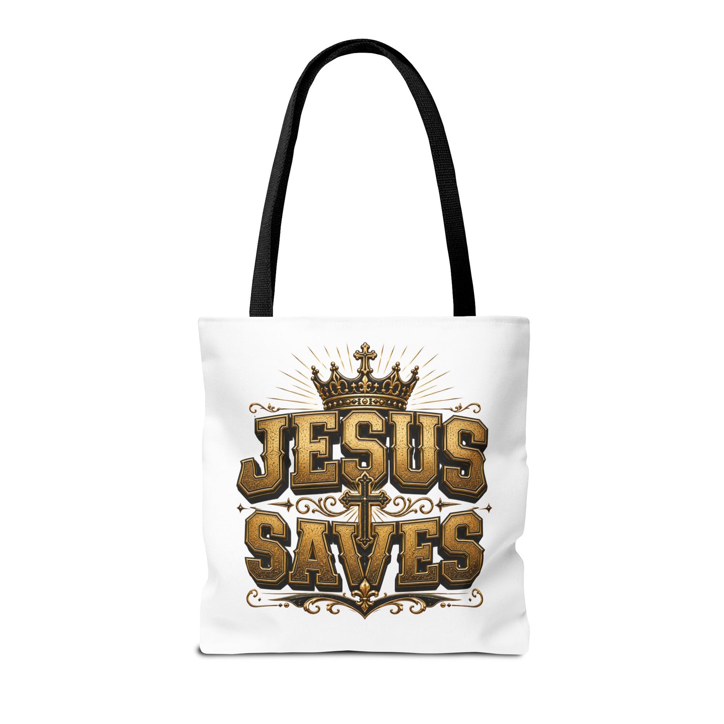 Jesus Saves Tote Bag — Christian Gospel Canvas Carryall with Crown & Cross Design