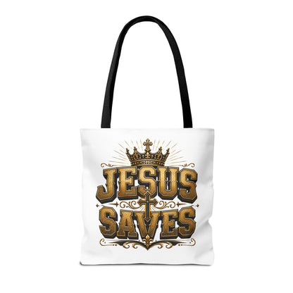 Jesus Saves Tote Bag — Christian Gospel Canvas Carryall with Crown & Cross Design