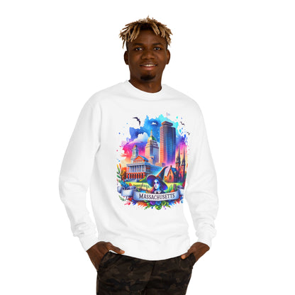 Massachusetts Skyline Crewneck Sweatshirt — Colorful Boston Landmark Graphic