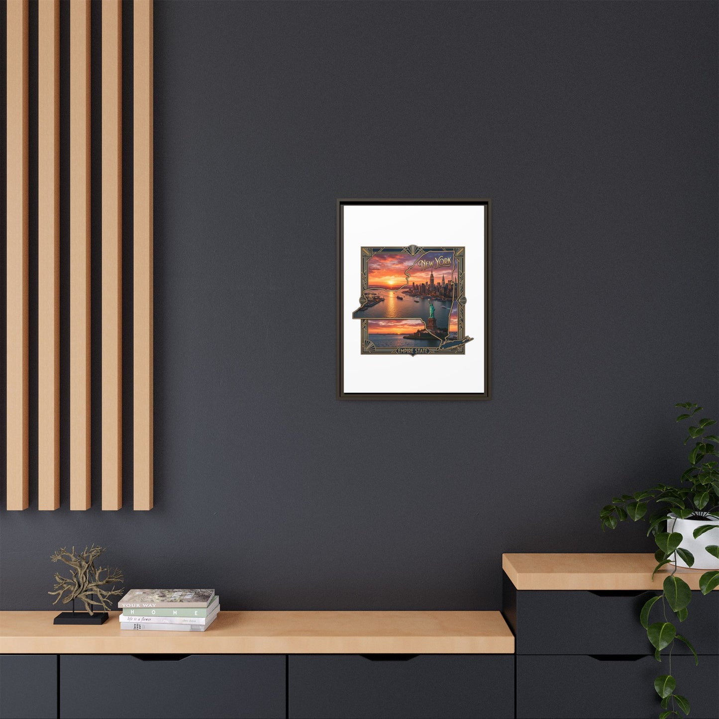 Framed Matte Canvas Wall Art — New York City Sunset Skyline with Statue of Liberty