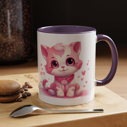 Pink Cute Kitten Coffee Mug — Cute Cat Accent Mug with Hearts (11/15oz)