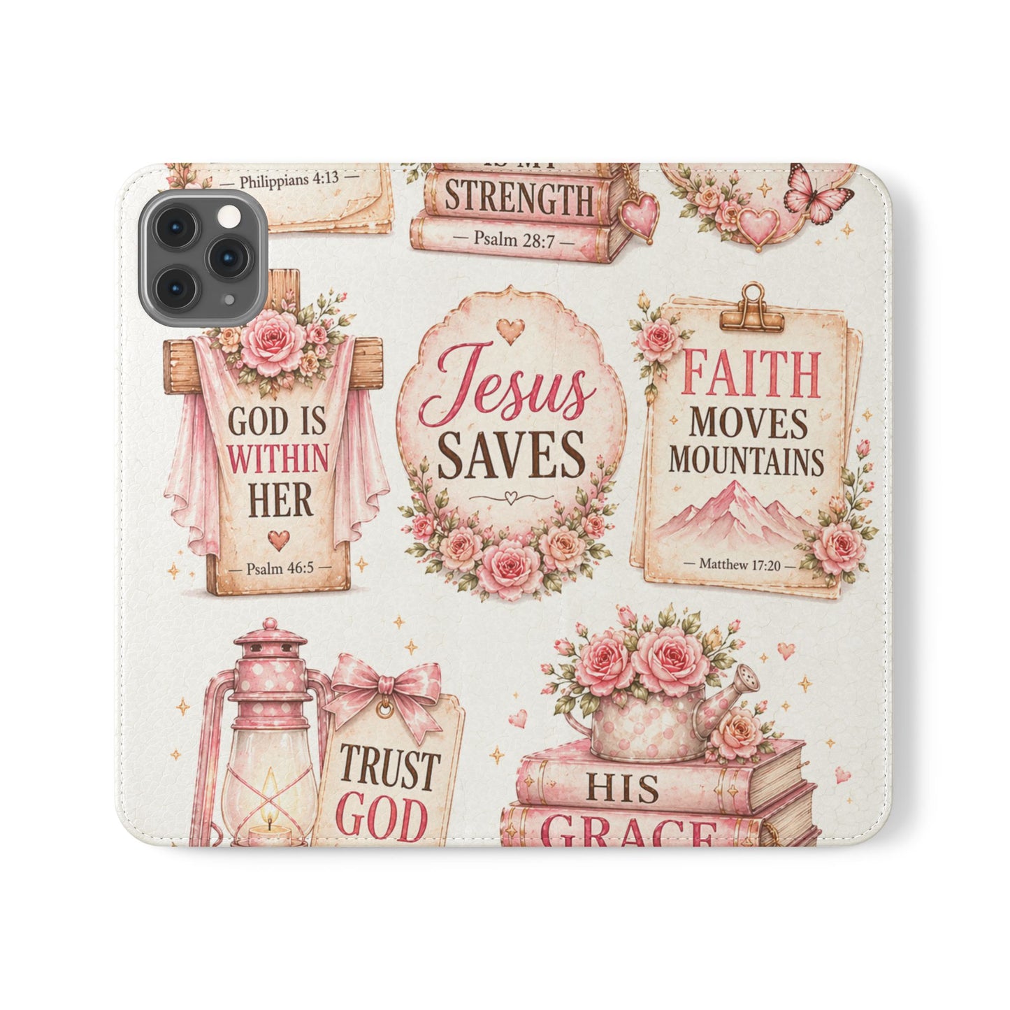 Christian Floral Phone Flip Case — "Jesus Saves" & Inspirational Scripture Wallet Cover
