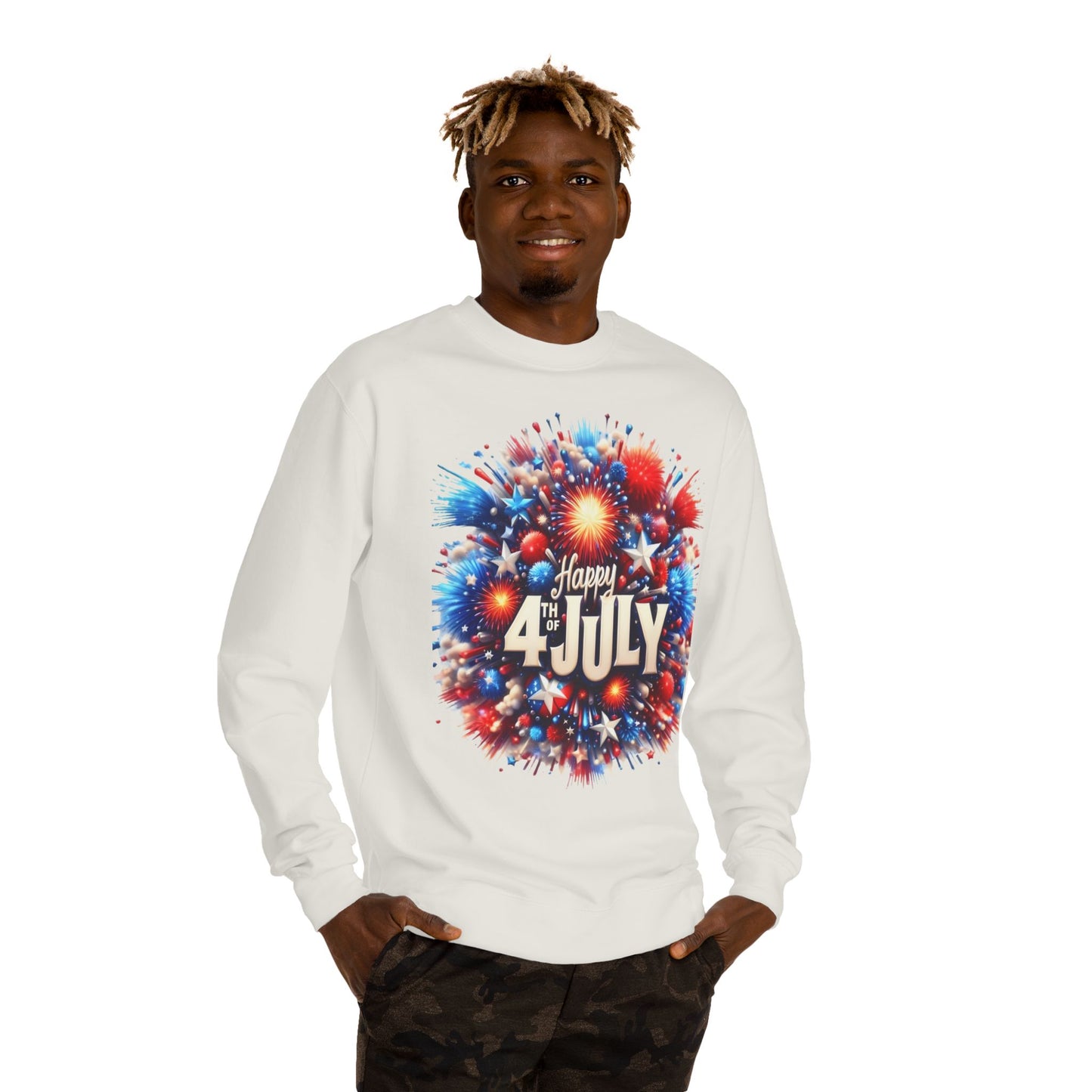 4th of July Fireworks Sweatshirt — "Happy 4th of July" Patriotic Crewneck