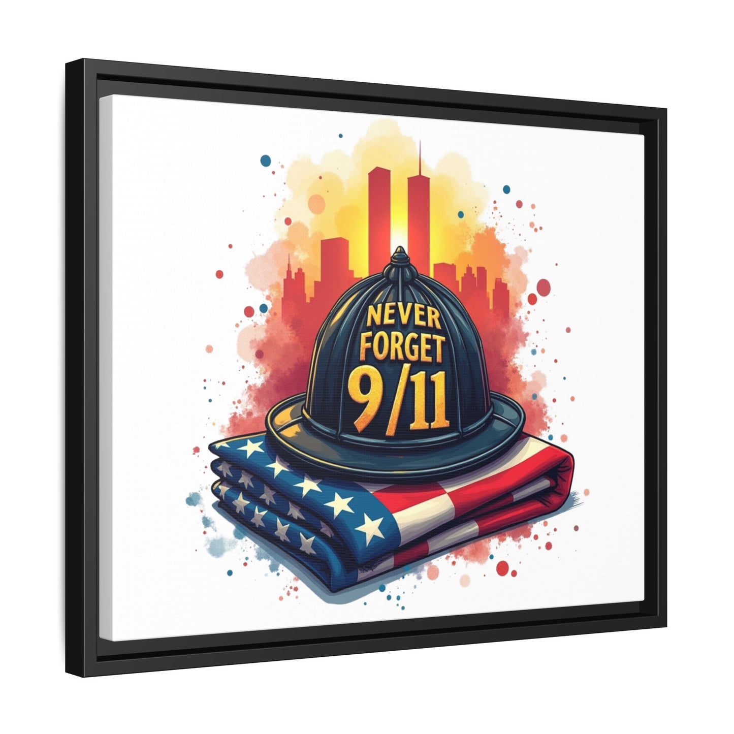 Never Forget 9/11 Framed Canvas Print — Firefighter Helmet & American Flag Memorial Art