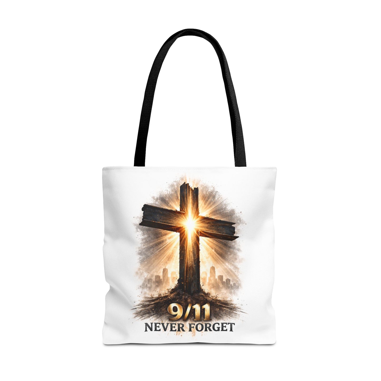 9/11 Never Forget Cross Memorial Tote Bag — Patriotic Remembrance Shopper