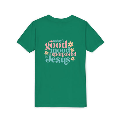 Youth Tee – "Today's Good Mood is Sponsored by Jesus" Retro Floral Christian Shirt