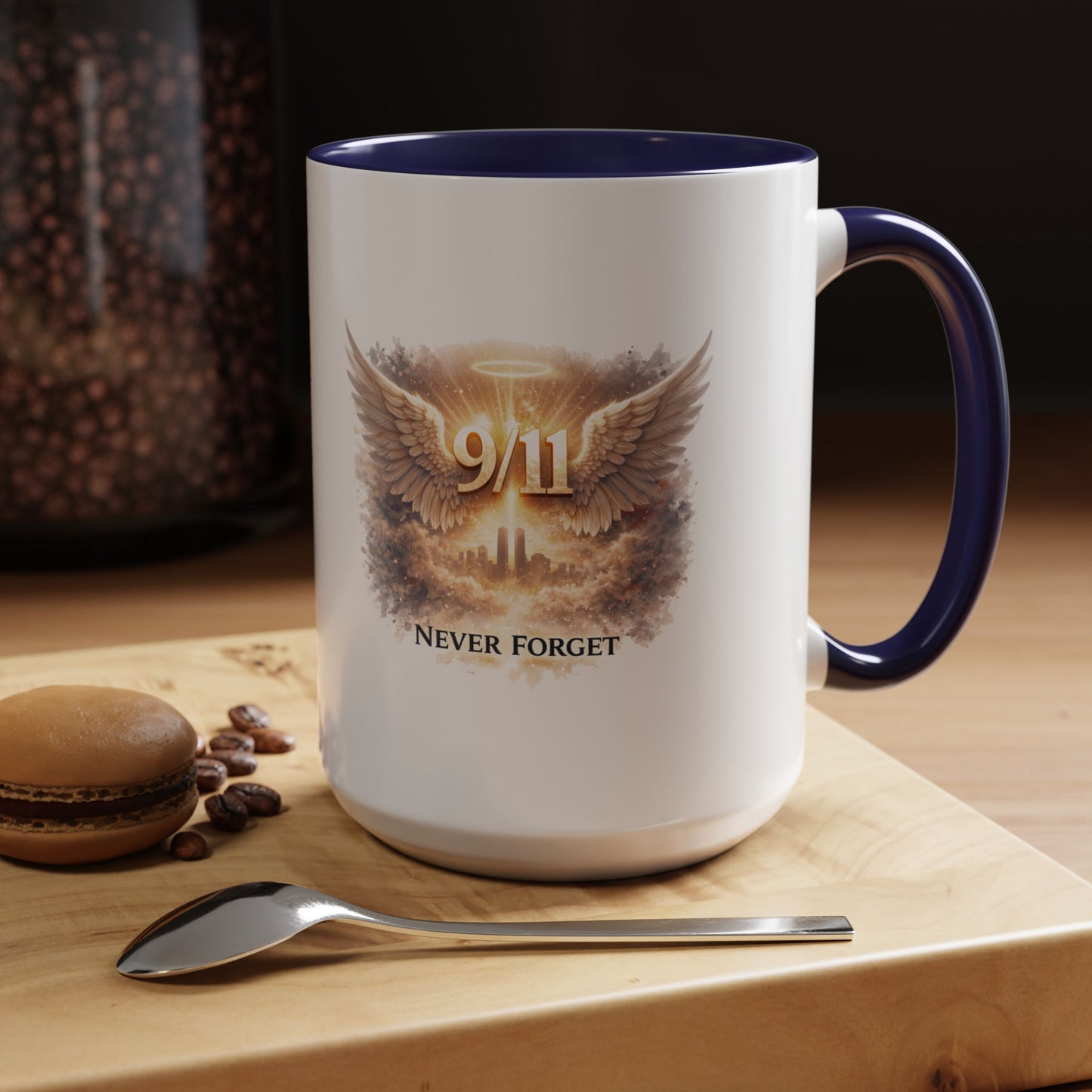 9/11 Never Forget Accent Coffee Mug — Memorial Tribute Ceramic Mug