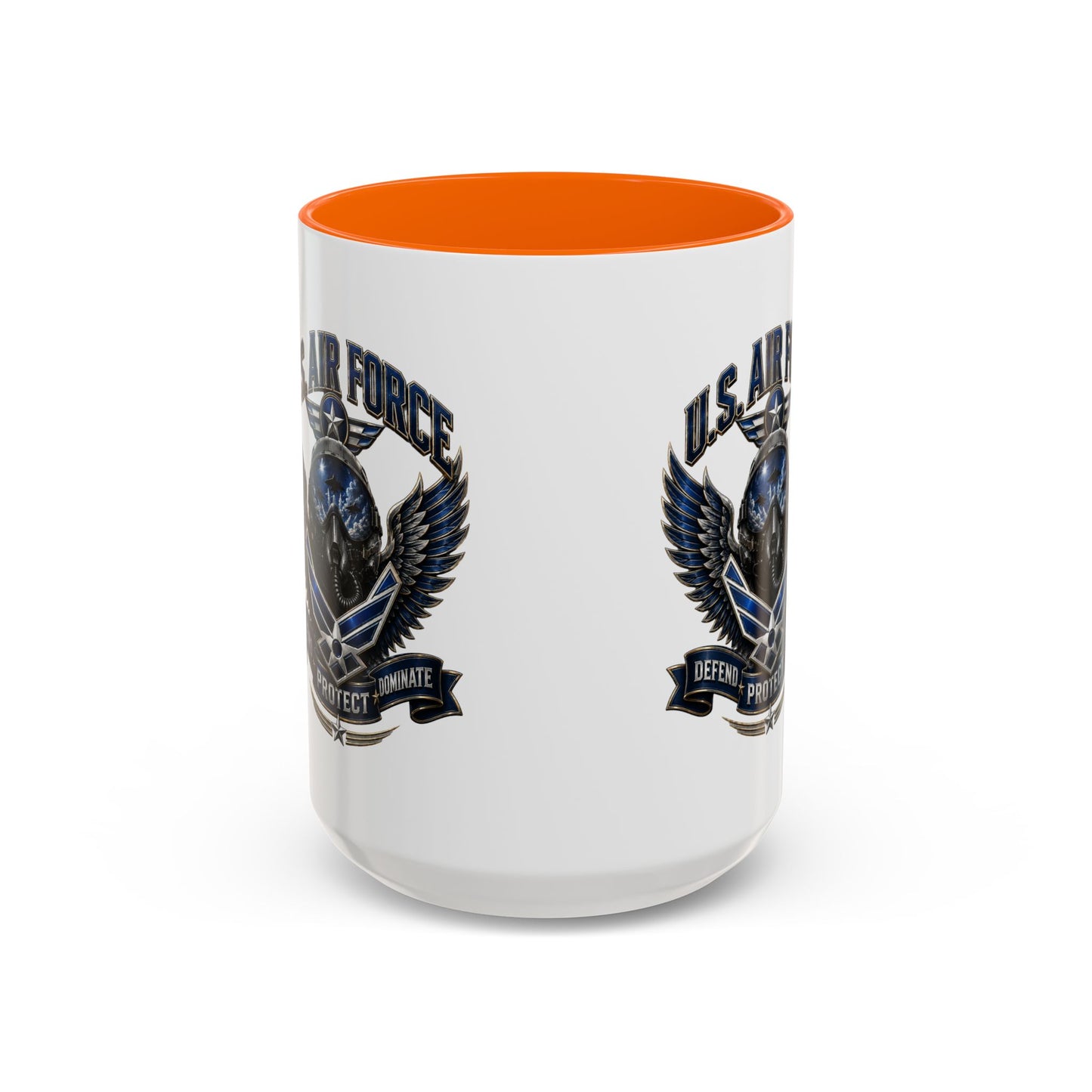 U.S. Air Force Emblem Accent Coffee Mug — Defend Protect Dominate (11/15oz)