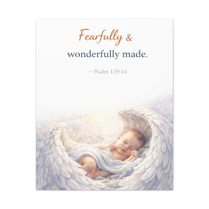 Canvas Wall Art - "Fearfully & Wonderfully Made" Baby Angel Bible Verse (Psalm 139:14) Nursery Decor