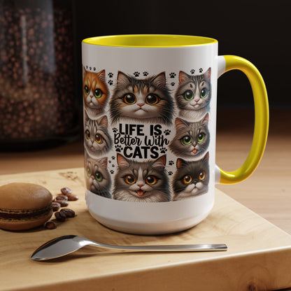 Cat Lover Coffee Mug — “Life Is Better With Cats” Accent 11/15oz