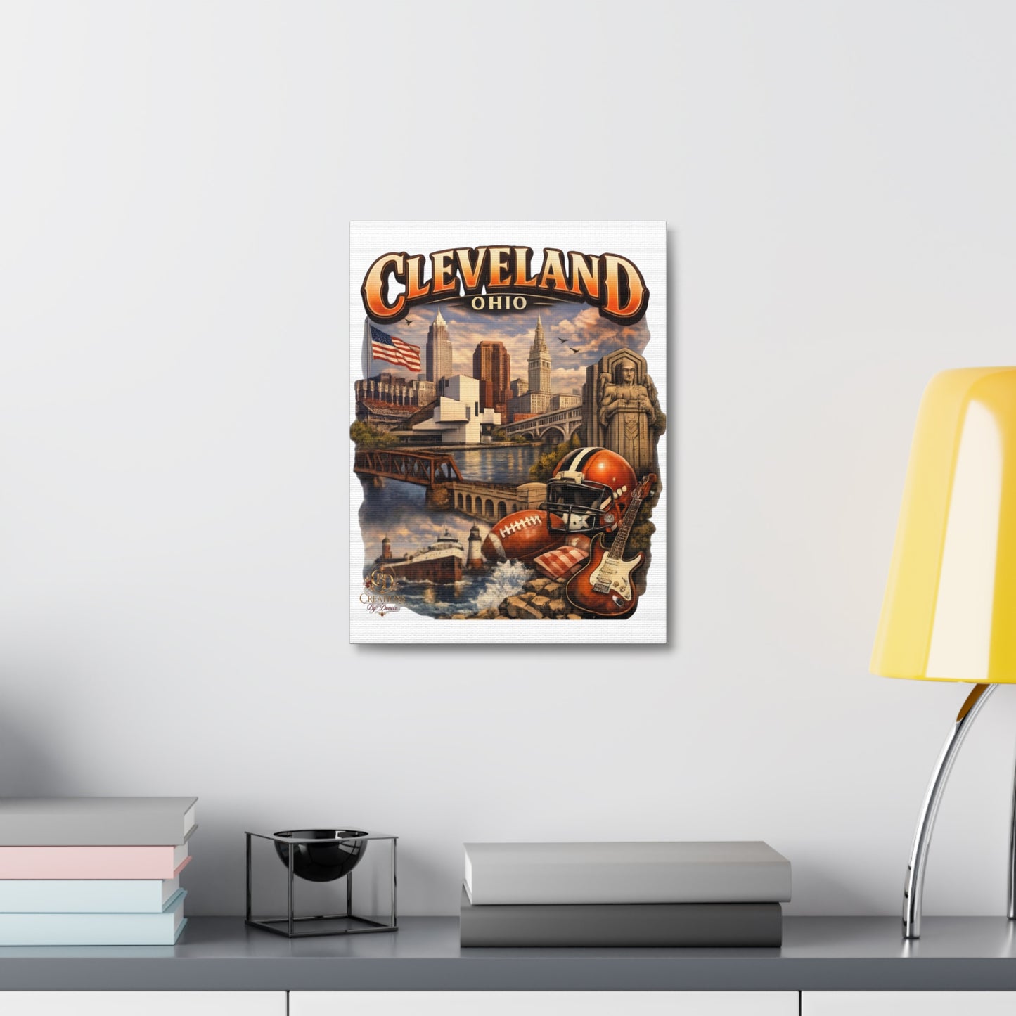Cleveland Ohio Vintage Collage Stretched Canvas — Rock & Football City Skyline Wall Art