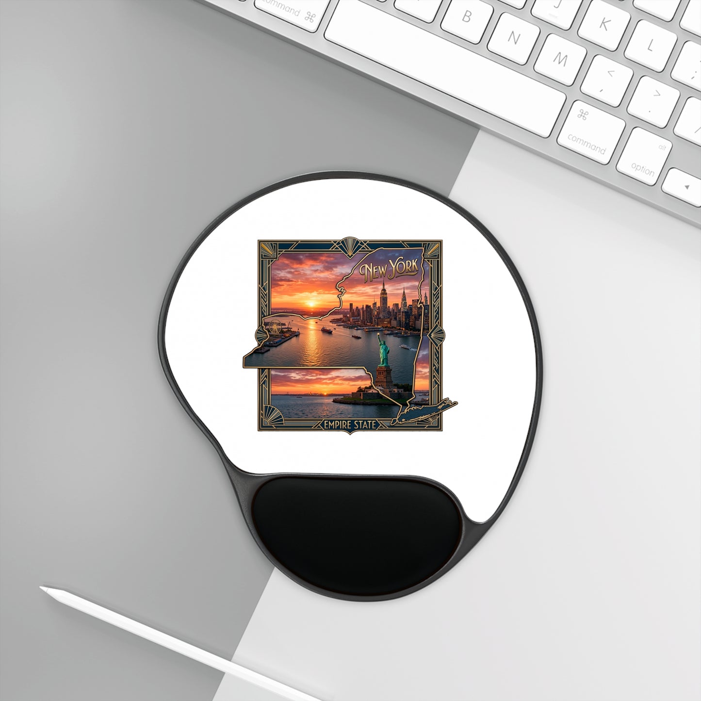 New York Sunset Mouse Pad with Wrist Rest — Empire State Skyline Design