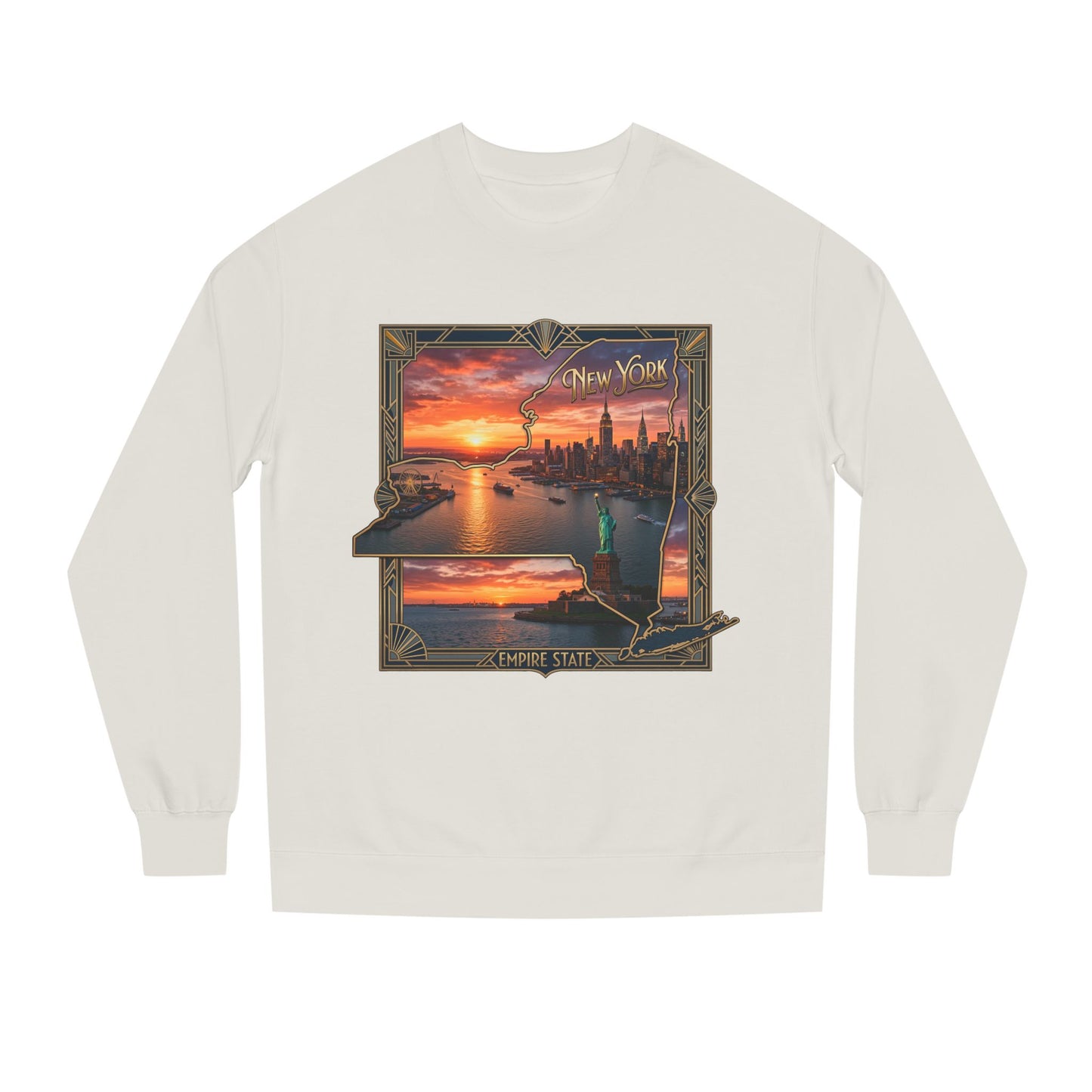 New York Sunset Crewneck Sweatshirt — Statue of Liberty Skyline Graphic