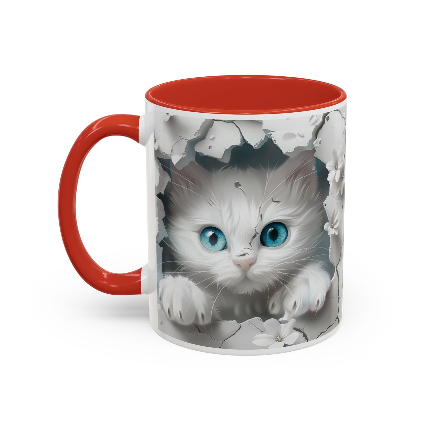 Cute Blue-Eyed Kitten Accent Coffee Mug – Floral Peekaboo Cat Design (11/15 oz)