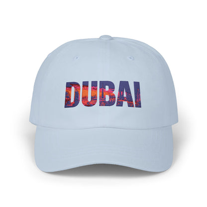 Dubai Dad Cap — White Classic Baseball Hat with Dubai Skyline Text