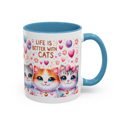 Cat Lover Accent Coffee Mug — "Life Is Better With Cats" Cute Kittens Design (11/15oz)