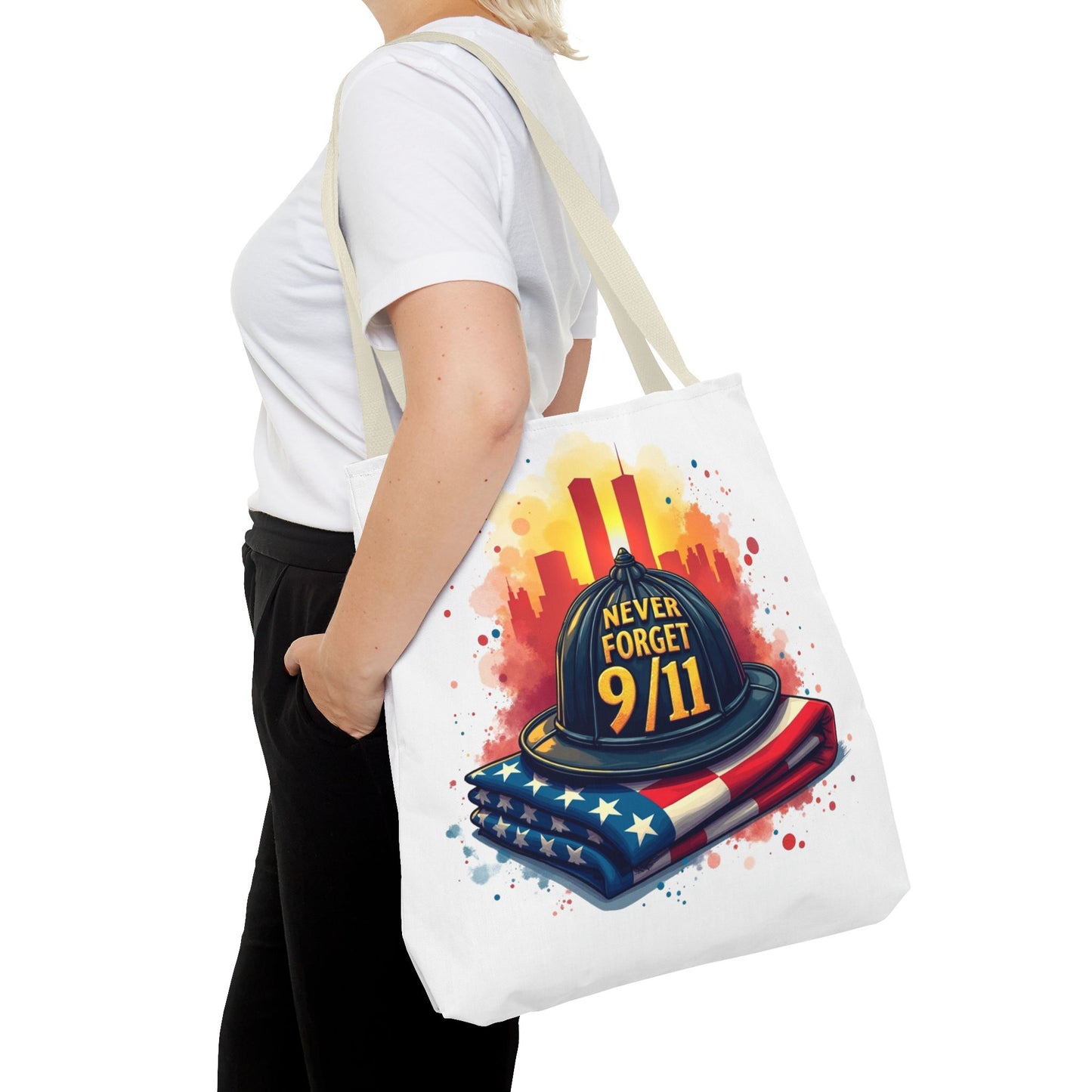 Never Forget 9/11 Memorial Tote Bag — Firefighter Helmet & Flag Tribute