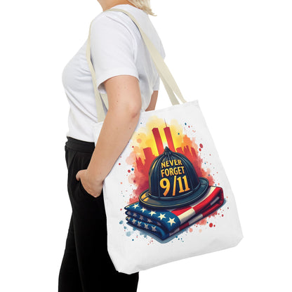 Never Forget 9/11 Memorial Tote Bag — Firefighter Helmet & Flag Tribute