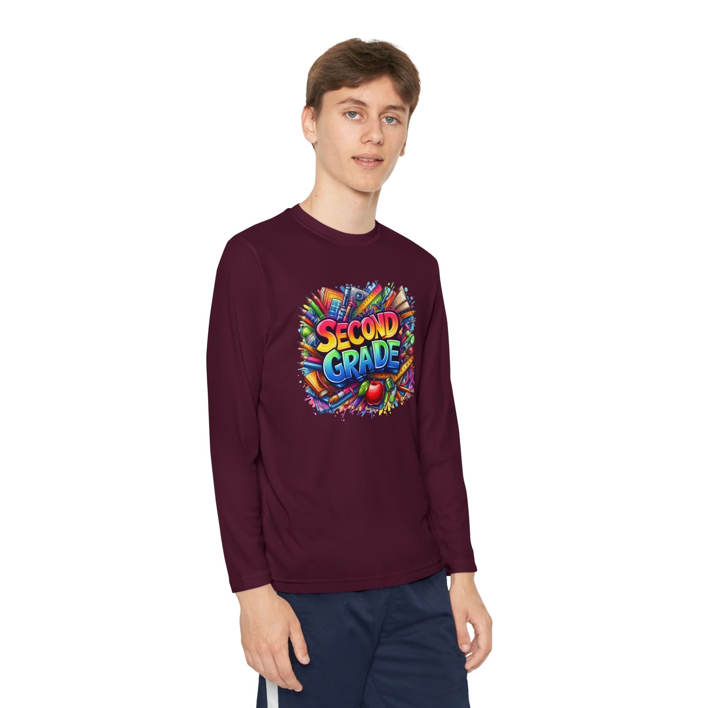 Second Grade Youth Long Sleeve Tee — Colorful School Supplies Back-to-School Shirt