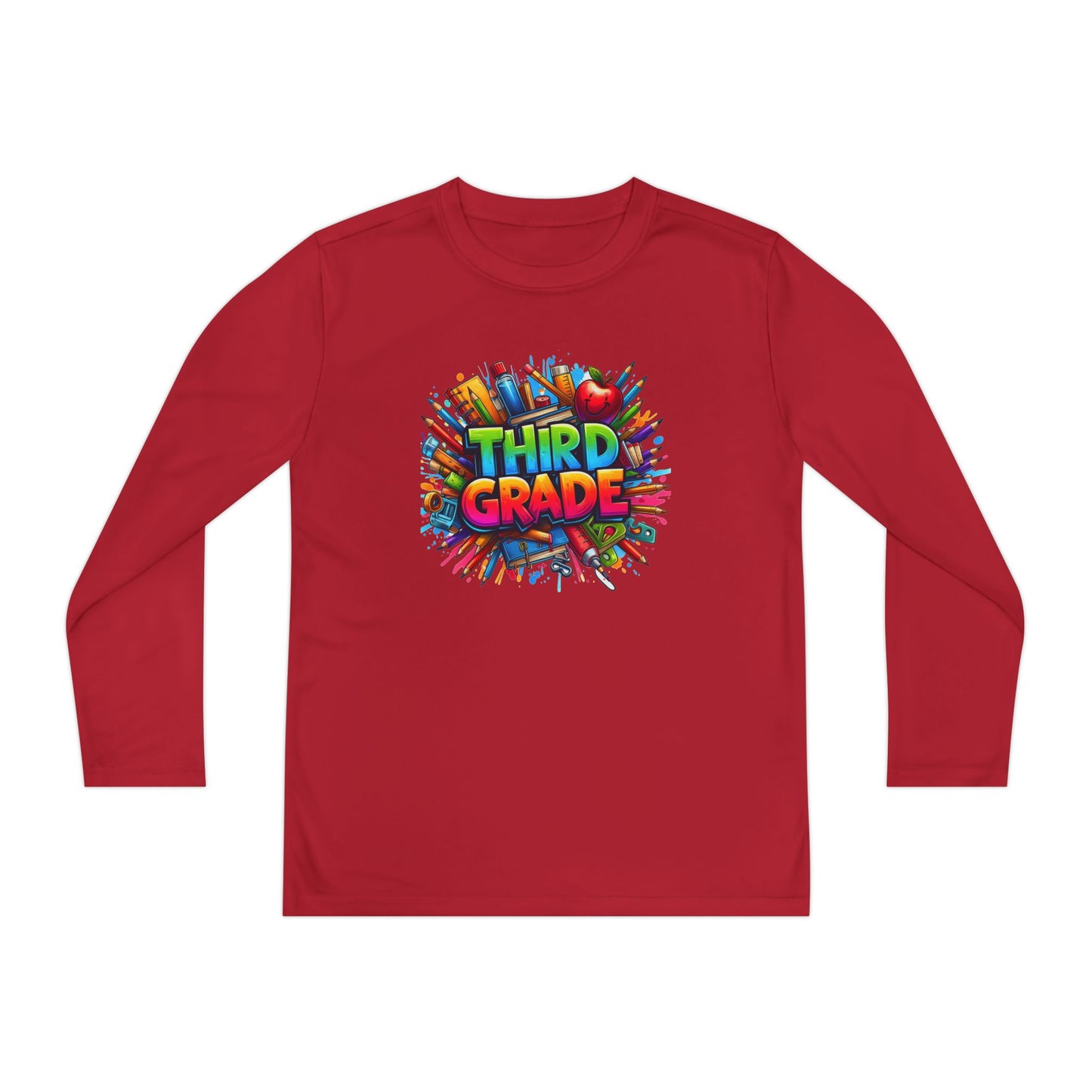 Third Grade Youth Long Sleeve Tee — Colorful School Supplies Design