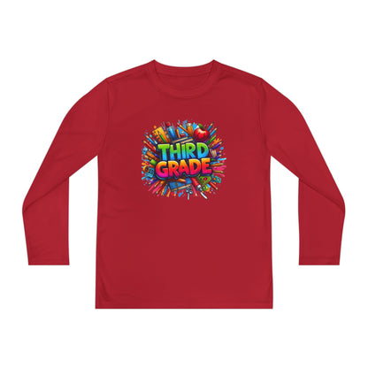 Third Grade Youth Long Sleeve Tee — Colorful School Supplies Design