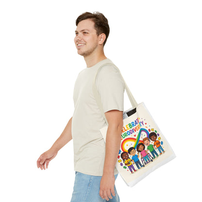 Celebrate Neurodiversity Tote Bag — Rainbow Infinity Symbol with Diverse Kids