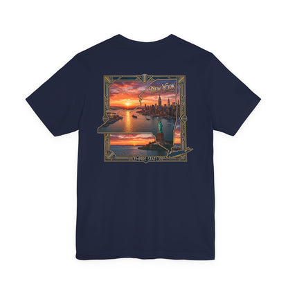 New York Sunset Skyline Tee — Statue of Liberty Vintage Travel T‑Shirt