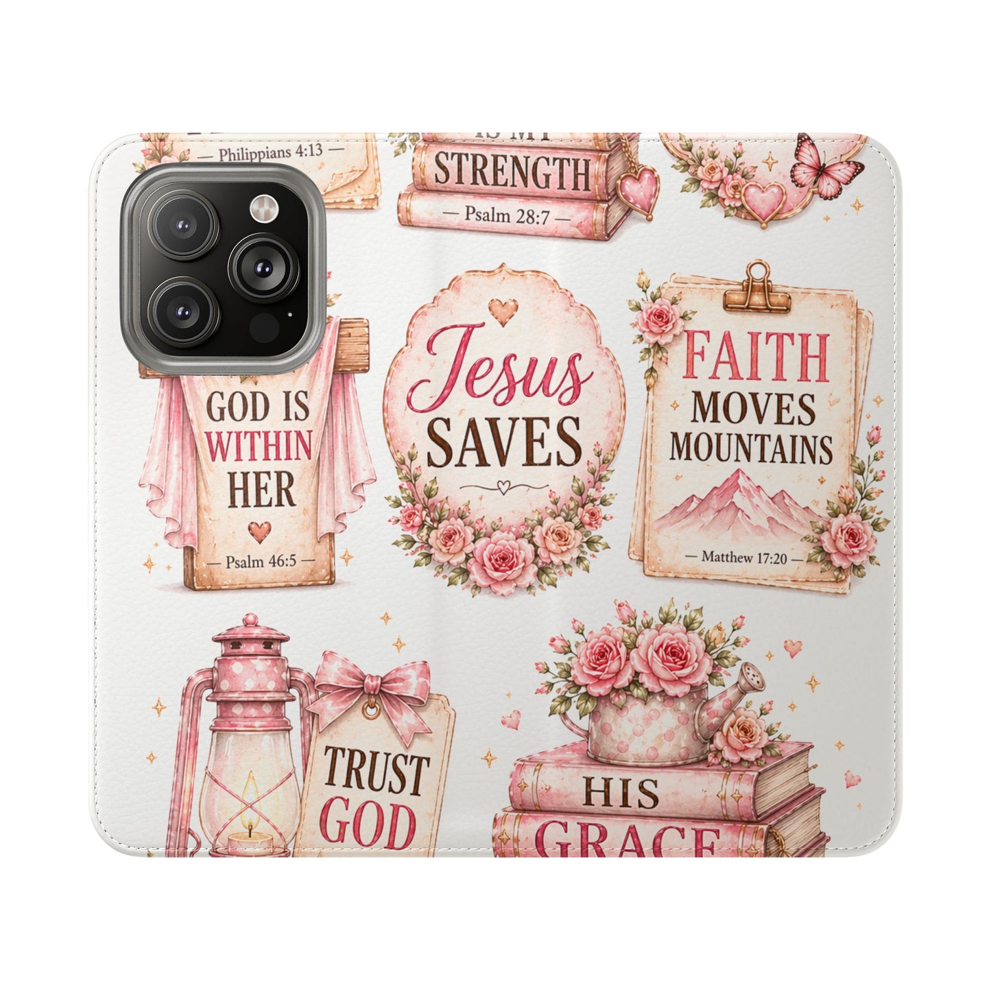 Christian Floral Phone Flip Case — "Jesus Saves" & Inspirational Scripture Wallet Cover