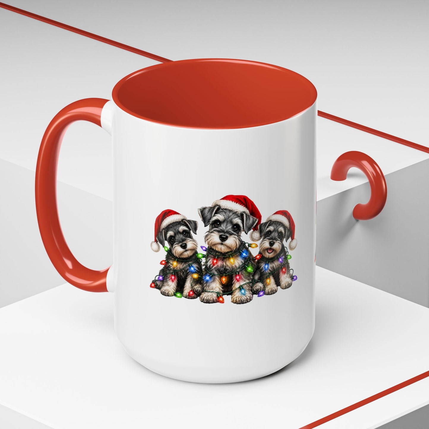 Christmas Puppy Coffee Mug — Cute Schnauzer Trio with Santa Hats & Holiday Lights (11/15oz)