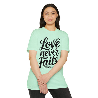 Love Never Fails T-Shirt — 1 Corinthians 13:8 Christian Faith Tee