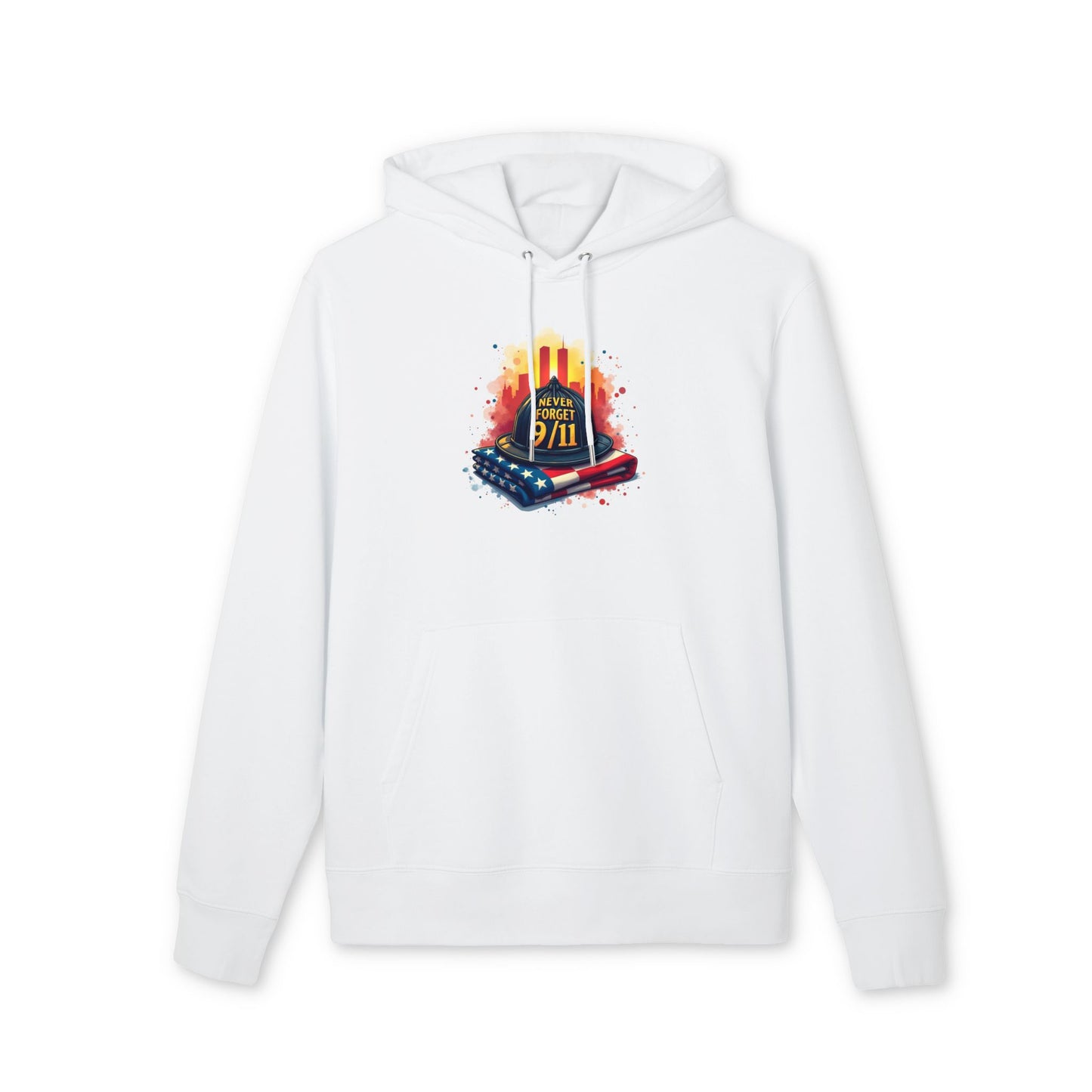 9/11 Never Forget Hoodie — Memorial Tribute Pullover with Twin Towers and Flag