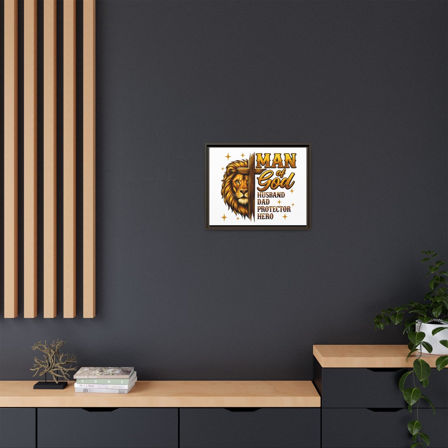 Man of God Framed Canvas Art — 'Man of God: Husband, Dad, Protector, Hero' Religious Wall Decor