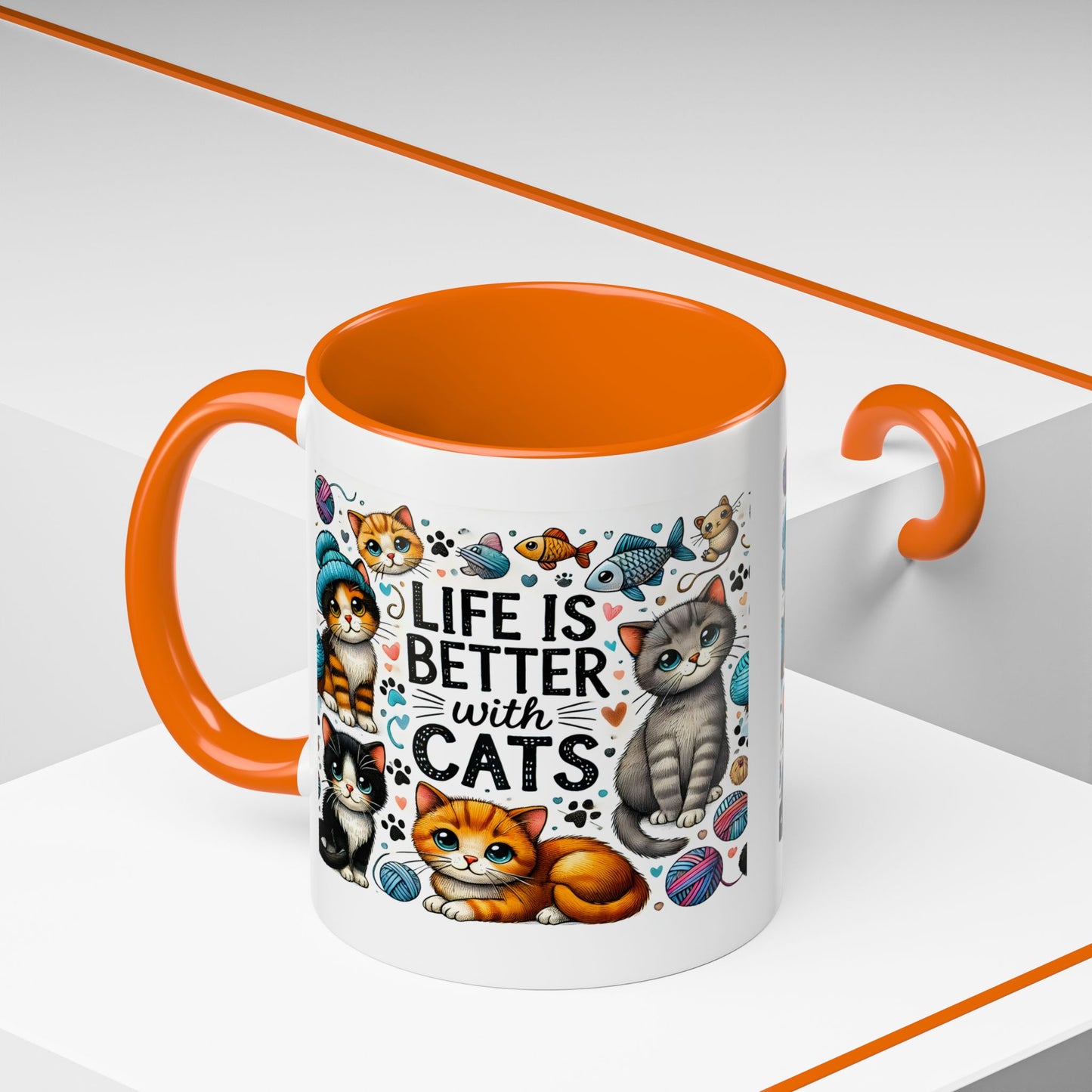 Life Is Better With Cats Accent Coffee Mug – Cute Kitten Ceramic Tea Cup (11/15oz)