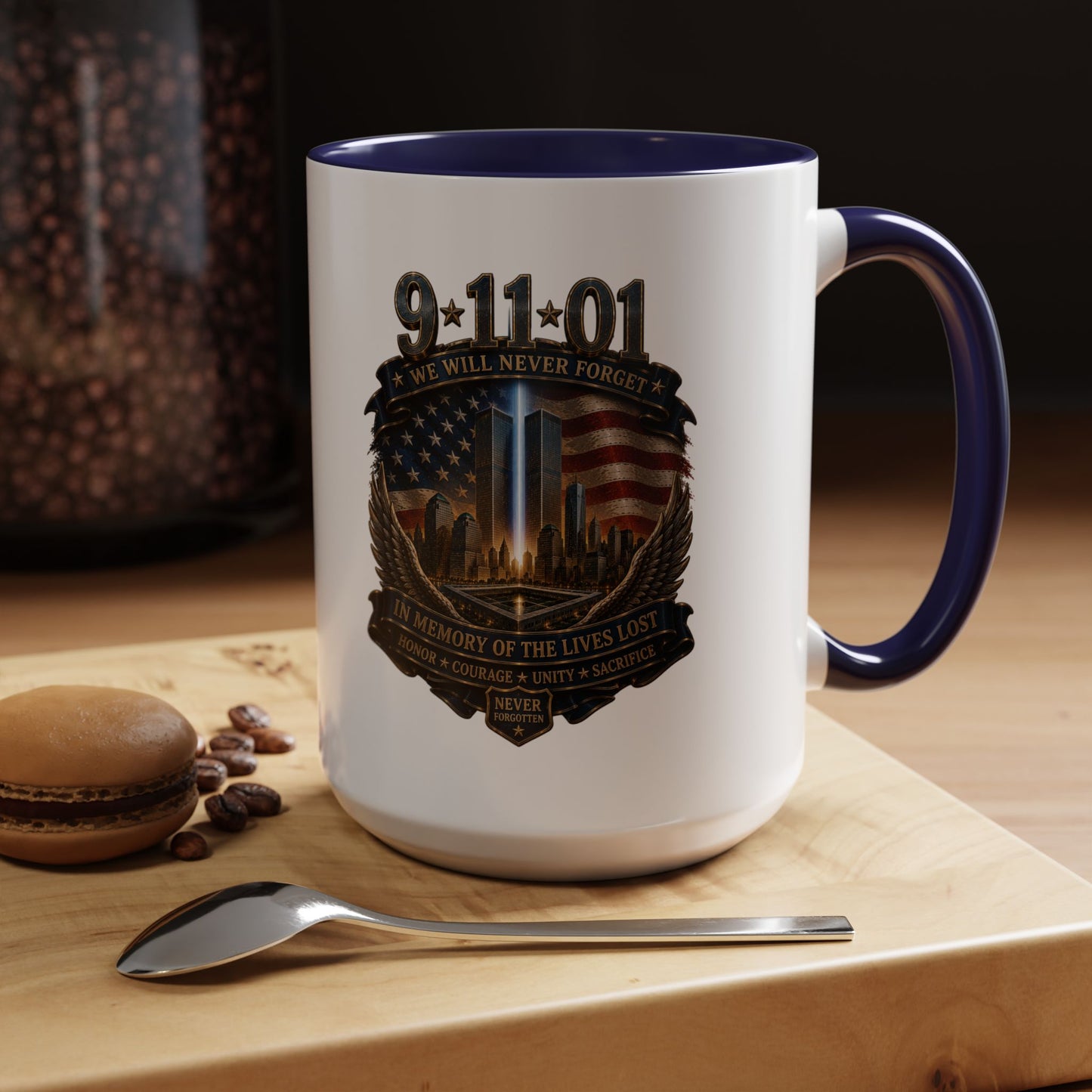 9/11 Memorial Coffee Mug — 'We Will Never Forget' Tribute Accent Mug