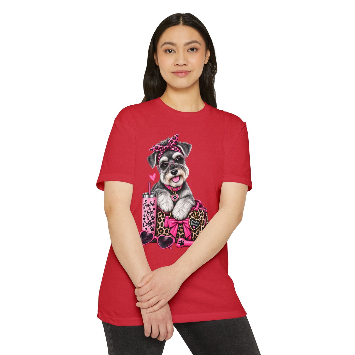 Schnauzer Fashion Tee — Cute Dog with Leopard Bag & 'Faith, Dog, Coffee' Design