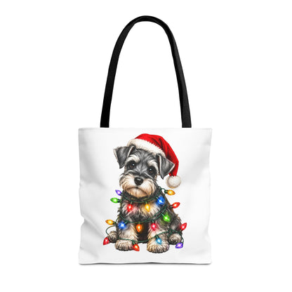 Christmas Schnauzer Tote Bag — Cute Puppy with Santa Hat & Holiday Lights