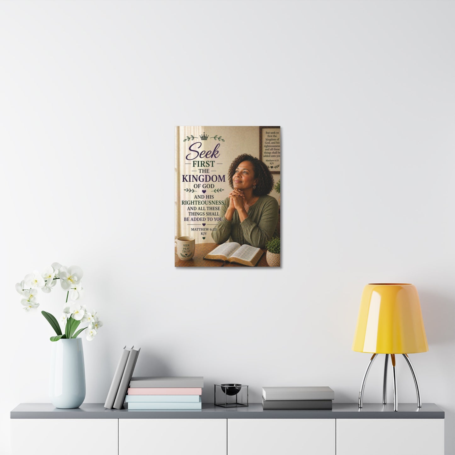 Seek First the Kingdom Canvas Wall Art — Christian Scripture Matthew 6:33 Prayer Decor